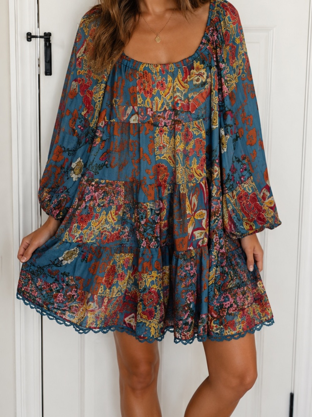 Stellah Teal Floral Tiered Mini Dress with Orange & Pink Accents